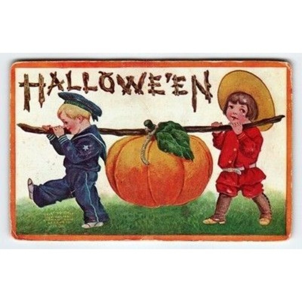 Vintage 1908 Halloween Postcard Children Carrying Pumpkin Lithograph